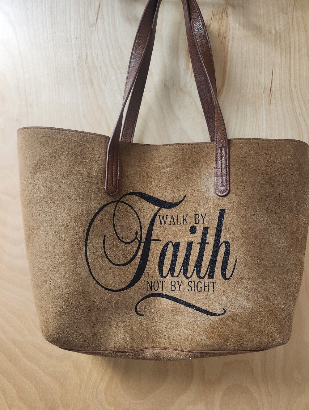 Faith Script Suede Tote Bag in Brown